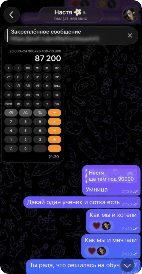 Переписка Насти о доходе от учеников